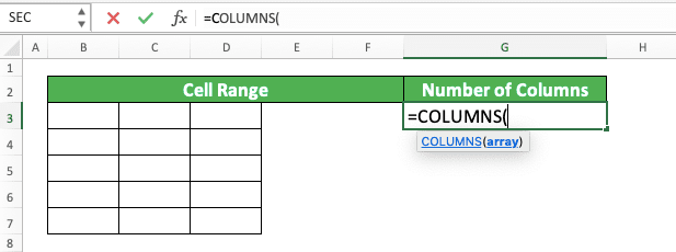 How to Use the COLUMNS Formula in Excel: Usabilities, Examples, and Writing Steps - Screenshot of Step 2