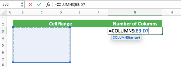 How to Use the COLUMNS Formula in Excel: Usabilities, Examples, and Writing Steps - Screenshot of Step 3