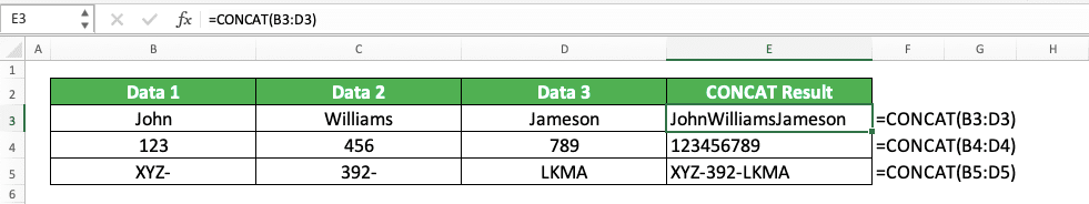 CONCAT Excel Formula: Functions, Examples, and How to Use - Screenshot of the CONCAT Implementation Example in Excel