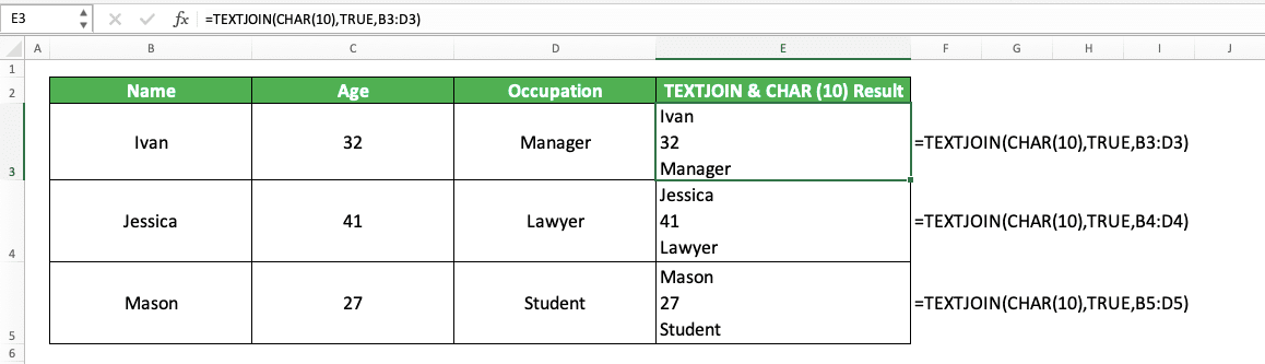 CONCAT Excel Formula: Functions, Examples, and How to Use - Screenshot of the TEXTJOIN & CHAR(10) Implementation Example in Excel