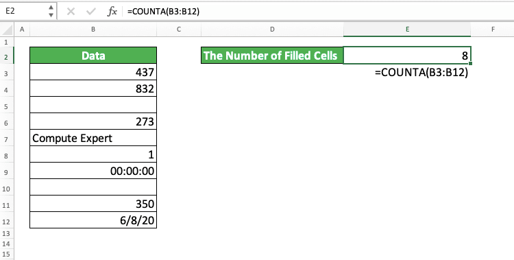 COUNTA Excel Formula: Functions, Examples, and How to Use - Screenshot of COUNTA Implementation Example in Excel