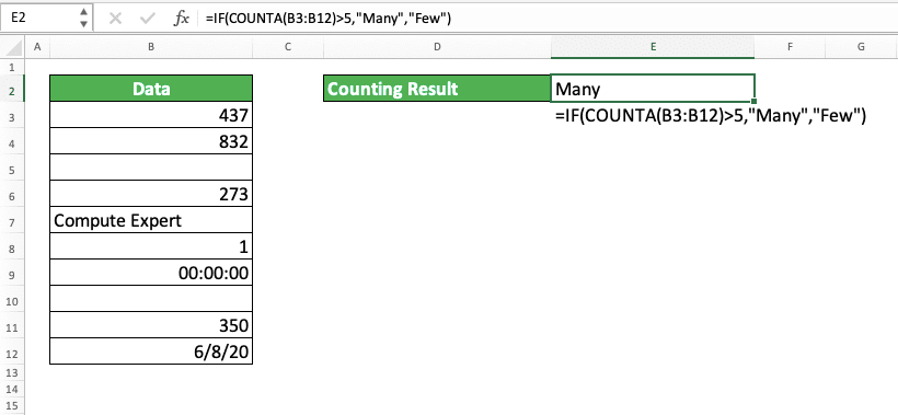 COUNTA Excel Formula: Functions, Examples, and How to Use - Screenshot of IF COUNTA Implementation Example in Excel