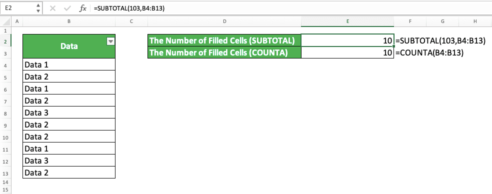 COUNTA Excel Formula: Functions, Examples, and How to Use - Screenshot of SUBTOTAL and COUNTA Implementation Example to an Unfiltered Cell Range in Excel