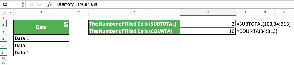 COUNTA Excel Formula: Functions, Examples, and How to Use - Screenshot of SUBTOTAL and COUNTA Implementation Example to a Filtered Cell Range in Excel