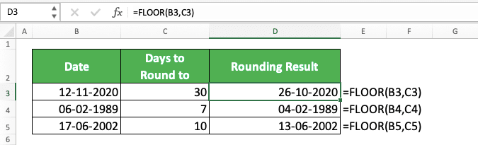 How to Use Excel FLOOR Function: Usabilities, Examples, and Writing Steps - Screenshot of the FLOOR Implementation Example to Round Down Date