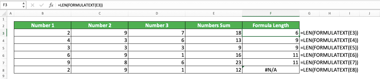 How to Use the FORMULATEXT Formula in Excel: Functions, Examples, and Writing Steps - Screenshot of the LEN and FORMULATEXT Combination Implementation Example