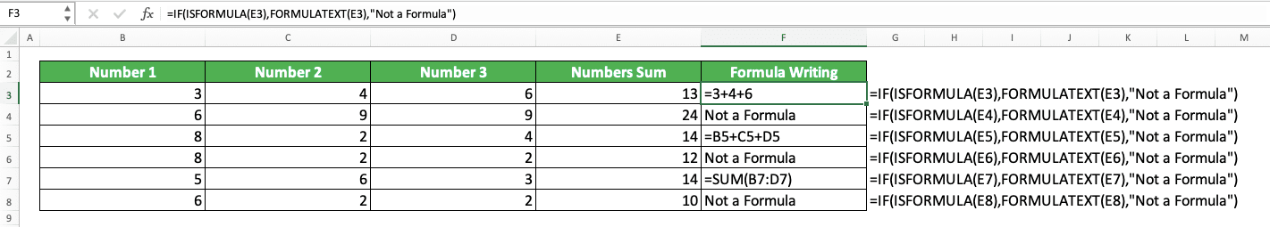 How to Use the FORMULATEXT Formula in Excel: Functions, Examples, and Writing Steps - Screenshot of the IF, ISFORMULA, and FORMULATEXT Combination Implementation Example