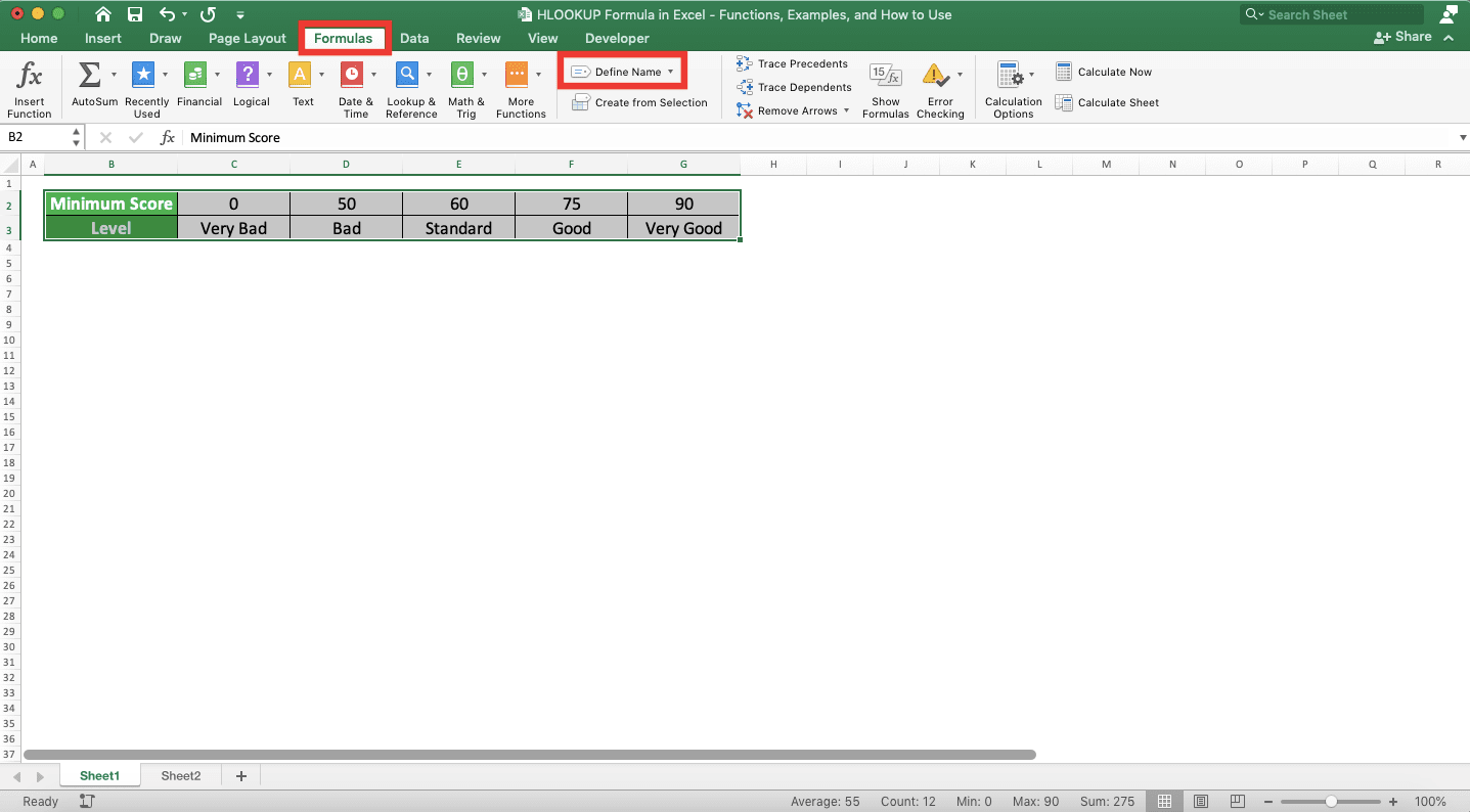 HLOOKUP Formula in Excel: Functions, Examples, and How to Use - Screenshot of the Formulas Tab and Define Name Button Locations in Excel