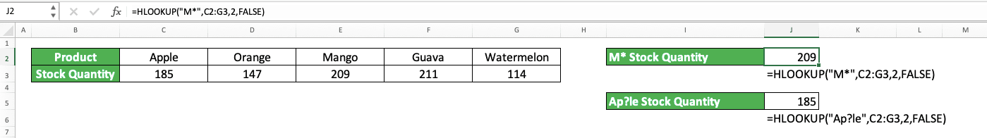 HLOOKUP Formula in Excel: Functions, Examples, and How to Use - Screenshot of the HLOOKUP with Wildcard Characters Implementation Example in Excel