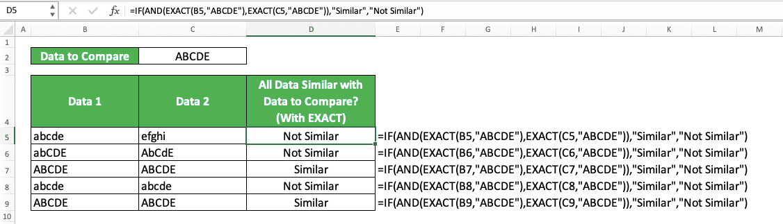 How to Combine IF AND Formulas in Excel - Screenshot of the IF AND Implementation Example With EXACT