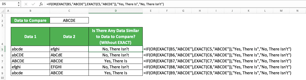 How to Combine IF OR Formulas in Excel - Screenshot of the IF OR Implementation Example With EXACT