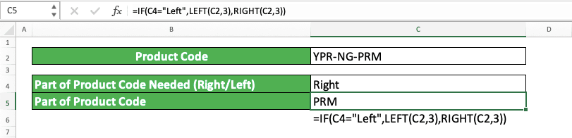 How to Use IF Formula/Function in Excel - Screenshot of LEFT/MID/RIGHT in the IF's TRUE/FALSE Result Input Part Implementation Example