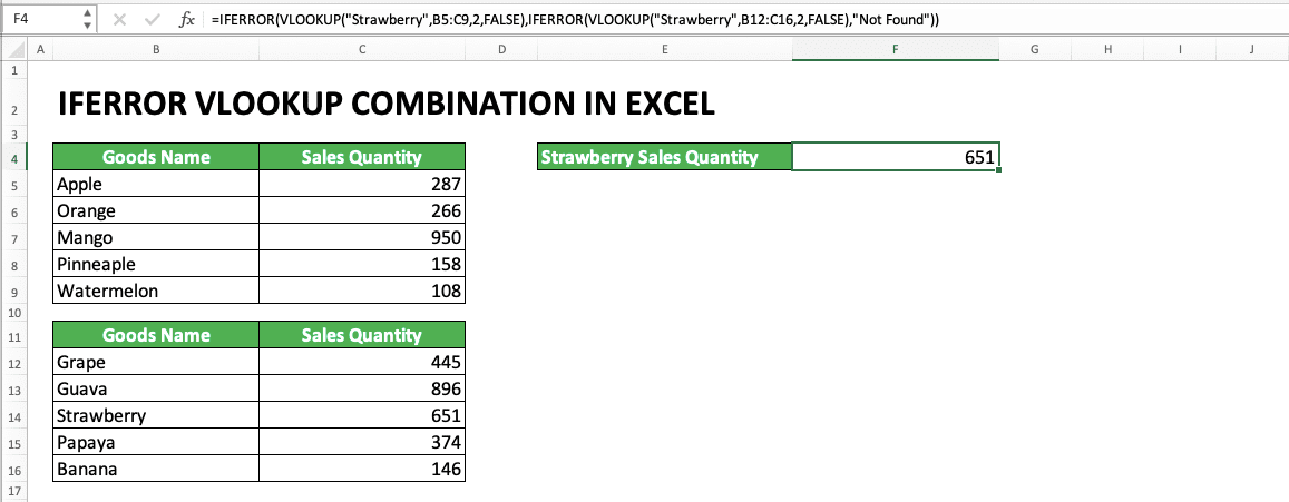 Using IFERROR VLOOKUP Combination in Excel - Screenshot of The Nested IFERROR VLOOKUP Example