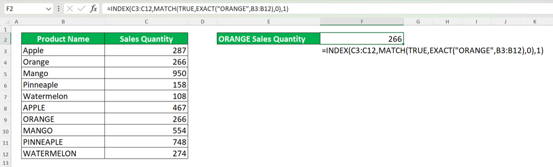 How to Use INDEX MATCH in Excel: Functions, Examples, and Writing Steps - Screenshot of the INDEX MATCH Implementation Example to Find Case-Sensitive Data