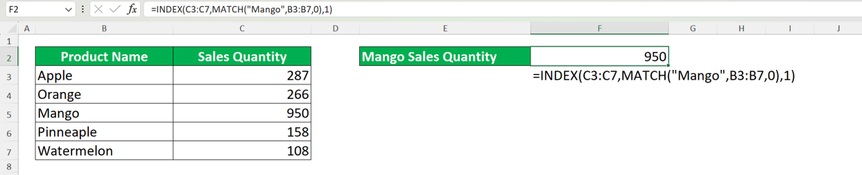 How to Use INDEX MATCH in Excel: Functions, Examples, and Writing Steps - Screenshot of the INDEX MATCH Implementation Example to Find Data Vertically