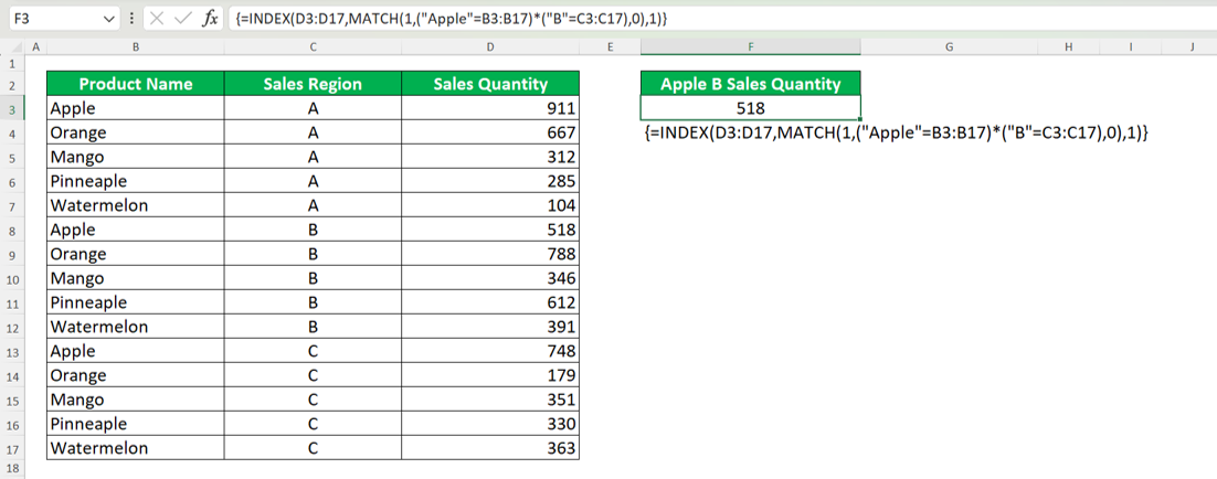 How to Use INDEX MATCH in Excel: Functions, Examples, and Writing Steps - Screenshot of the INDEX MATCH Implementation Example to Find Data with Multiple Criteria