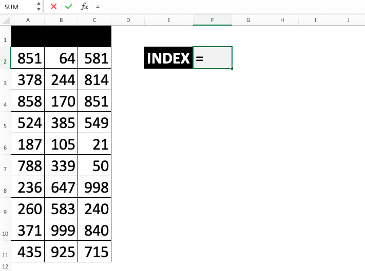 INDEX Function in Excel - Screenshot of Step 1-1