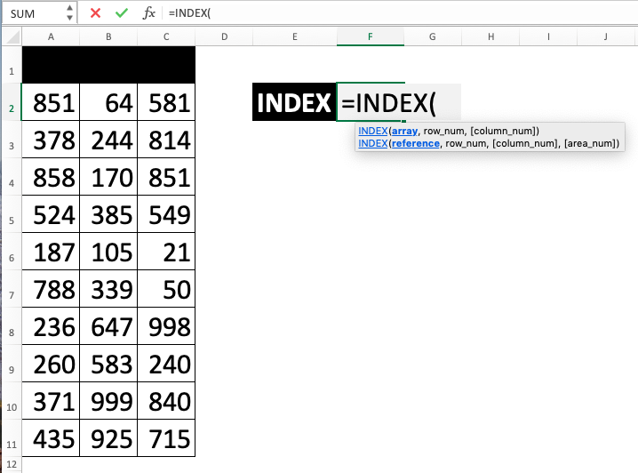 INDEX Function in Excel - Screenshot of Step 1-2