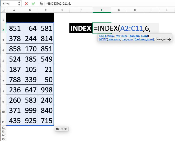 INDEX Function in Excel - Screenshot of Step 1-4