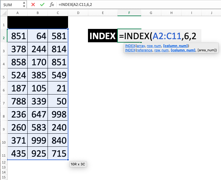 INDEX Function in Excel - Screenshot of Step 1-5