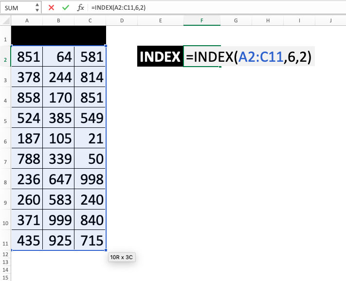 INDEX Function in Excel - Screenshot of Step 1-6