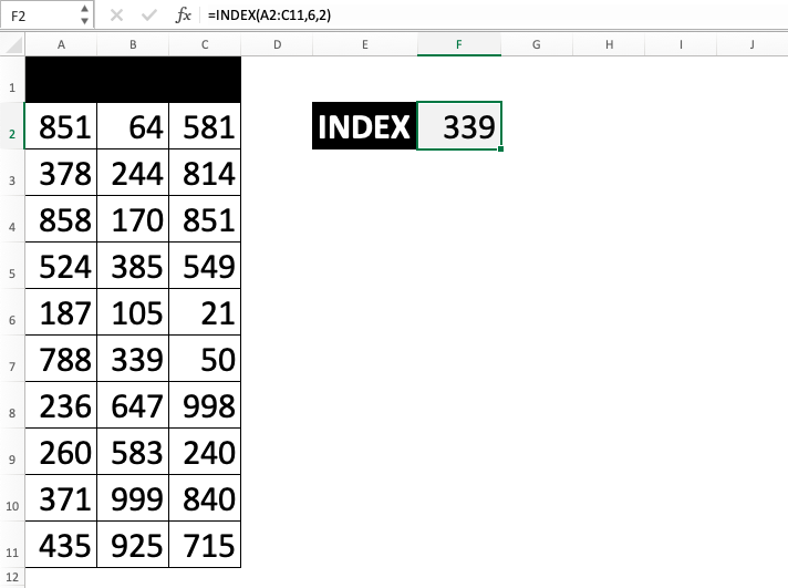 INDEX Function in Excel - Screenshot of Step 1-8