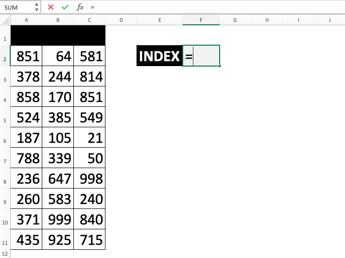 INDEX Function in Excel - Screenshot of Step 2-1