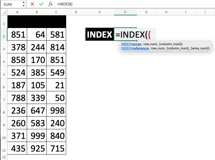 INDEX Function in Excel - Screenshot of Step 2-2