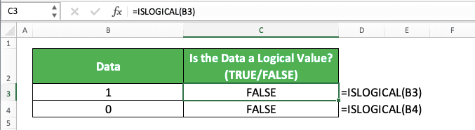 How to Use the ISLOGICAL Function in Excel: Usabilities, Examples, and Writing Steps - Screenshot of the ISLOGICAL Implementation Example to 0 and 1