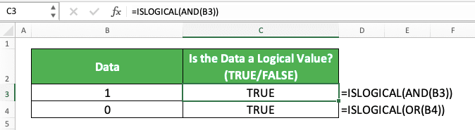 How to Use the ISLOGICAL Function in Excel: Usabilities, Examples, and Writing Steps - Screenshot of the ISLOGICAL AND/OR Implementation Example to 0 and 1