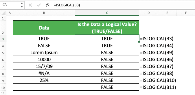 How to Use the ISLOGICAL Function in Excel: Usabilities, Examples, and Writing Steps - Screenshot of the ISLOGICAL Implementation Example