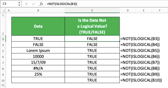 How to Use the ISLOGICAL Function in Excel: Usabilities, Examples, and Writing Steps - Screenshot of the NOT ISLOGICAL Implementation Example