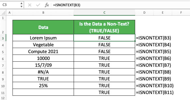 How to Use the ISNONTEXT Function in Excel: Usabilities, Examples, and Writing Steps - Screenshot of the ISNONTEXT Implementation Example