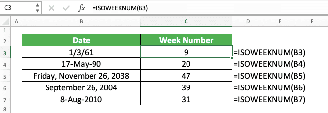 How to Use the ISOWEEKNUM Function in Excel: Usabilities, Examples, and Writing Steps - Screenshot of the ISOWEEKNUM Implementation Example