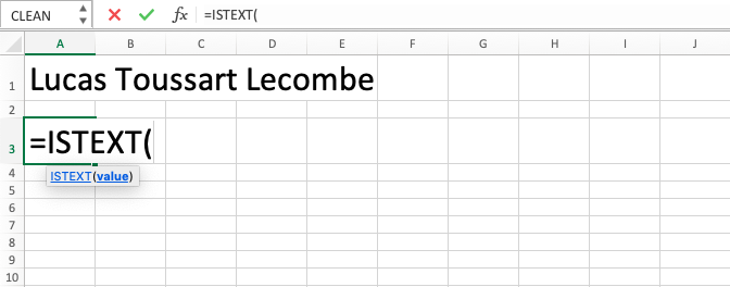 ISTEXT Function in Excel - Screenshot of Step 2