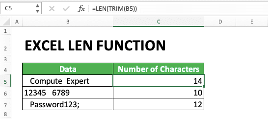 How to Use Excel LEN Function/Formula: Usability, Example, and Writing Steps - Screenshot of After Using TRIM on LEN