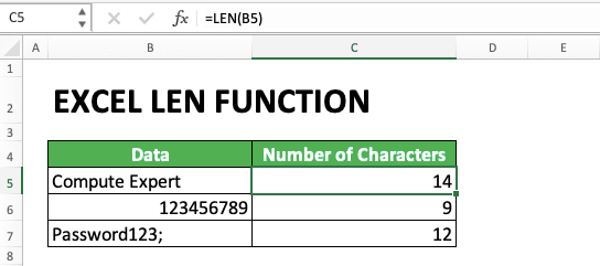 How to Use Excel LEN Function/Formula: Usability, Example, and Writing Steps - Screenshot of the Example of LEN's Usage and Result