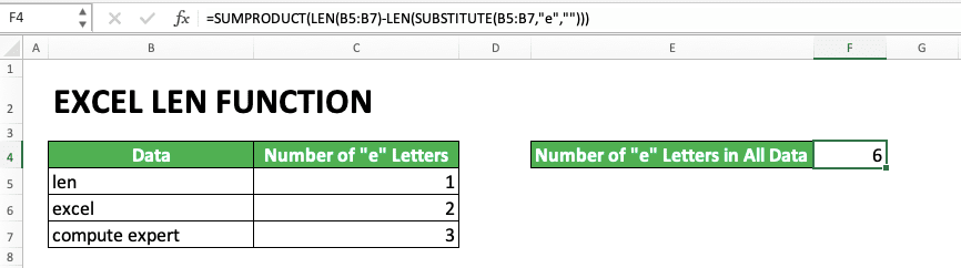How to Use Excel LEN Function/Formula: Usability, Example, and Writing Steps - Screenshot of the Example of SUMPRODUCT LEN SUBSTITUTE