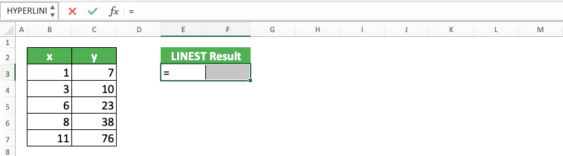 How to Use LINEST Formula in Excel: Function, Example, and Writing Steps - Screenshot of Step 2