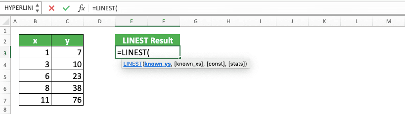 How to Use LINEST Formula in Excel: Function, Example, and Writing Steps - Screenshot of Step 3