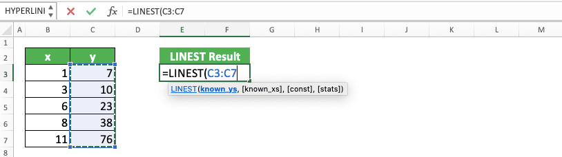 How to Use LINEST Formula in Excel: Function, Example, and Writing Steps - Screenshot of Step 4