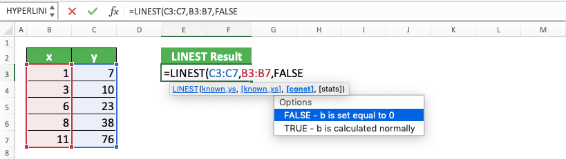 How to Use LINEST Formula in Excel: Function, Example, and Writing Steps - Screenshot of Step 6