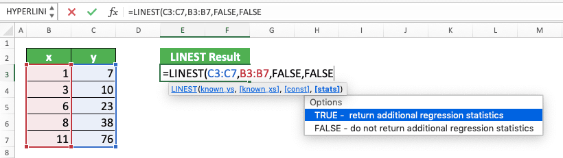 How to Use LINEST Formula in Excel: Function, Example, and Writing Steps - Screenshot of Step 7