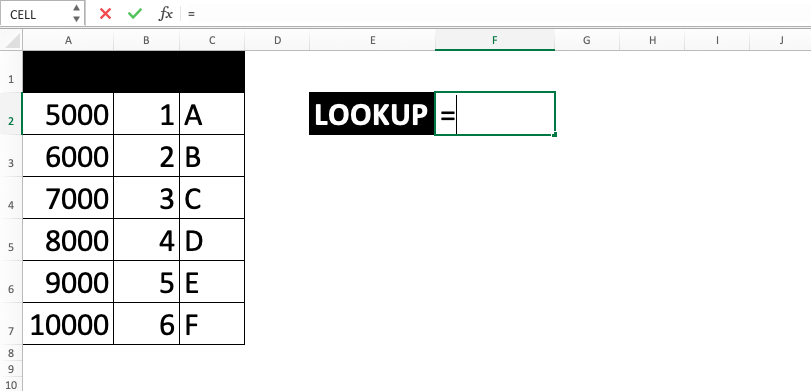 LOOKUP Excel Formula - Screenshot of Step 1-1