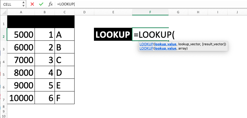 LOOKUP Excel Formula - Screenshot of Step 1-2