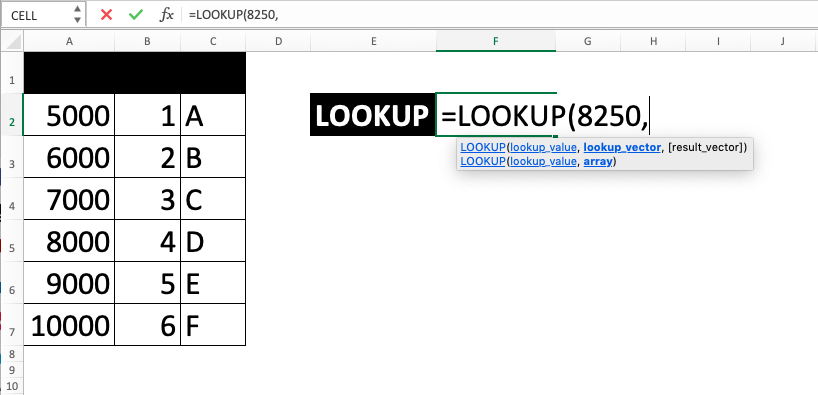 LOOKUP Excel Formula - Screenshot of Step 1-3