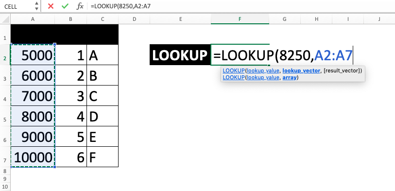 LOOKUP Excel Formula - Screenshot of Step 1-4