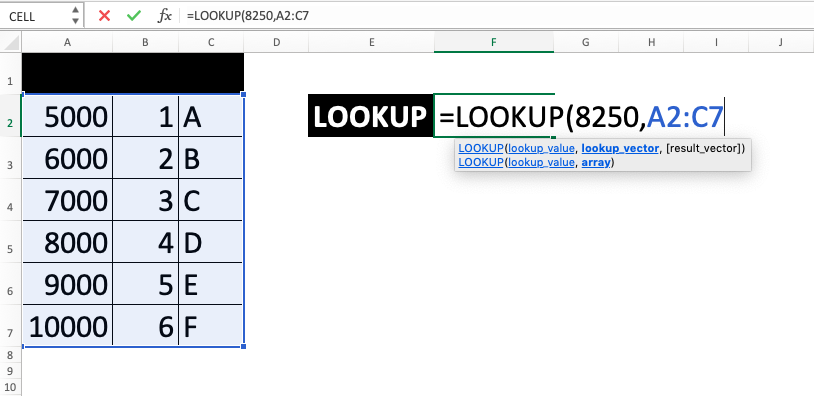 LOOKUP Excel Formula - Screenshot of Step 2-4