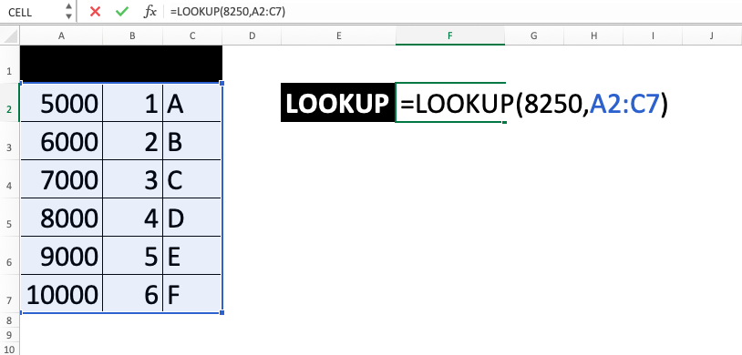 LOOKUP Excel Formula - Screenshot of Step 2-5