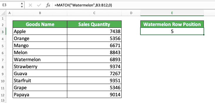 How to Use MATCH Formula in Excel: Function, Example, and Writing Steps - Screenshot of the Example for MATCH Usage and Result in Excel